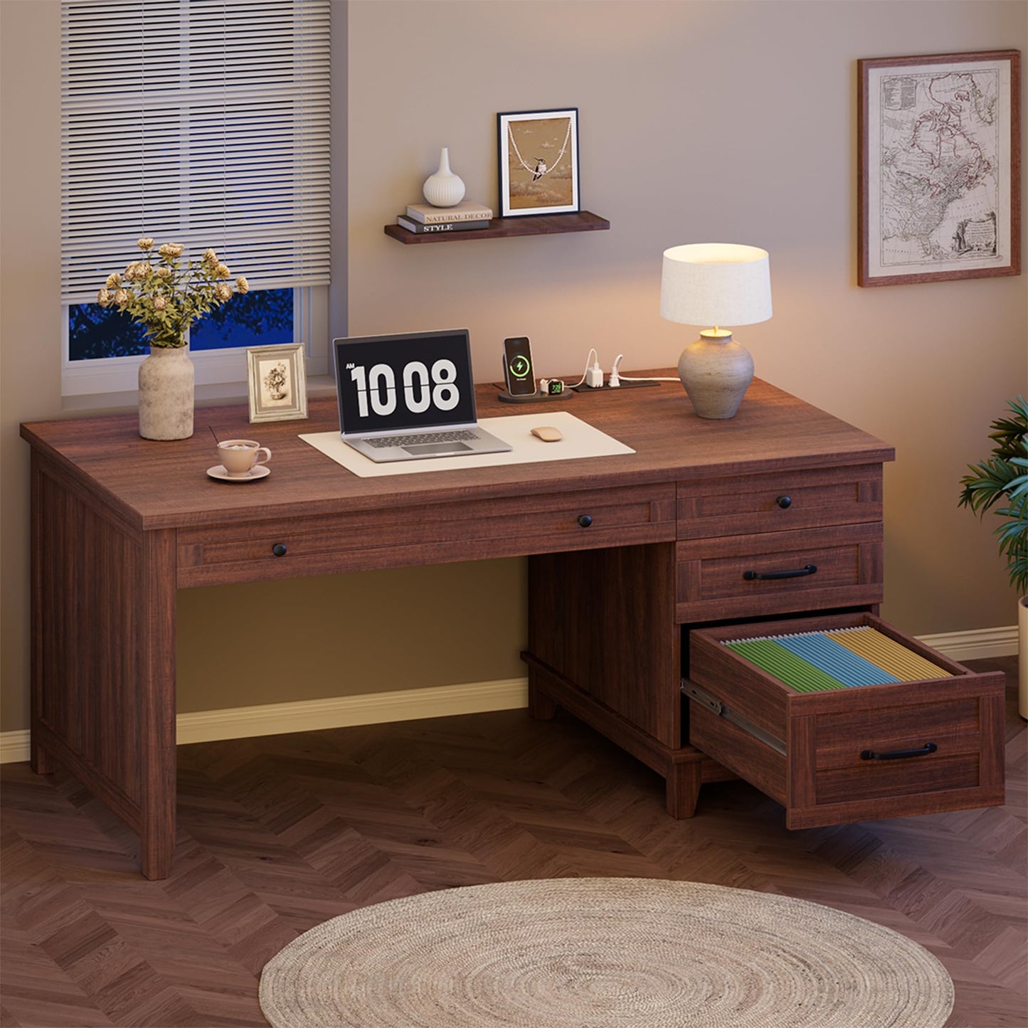 GarveeHome Executive Desk with Drawers, Farmhouse Home Office Desk with Charging Station, 53.54 in Wooden Computer Desk with File Cabinet Storage for Work Study Writing,Walunt Brown