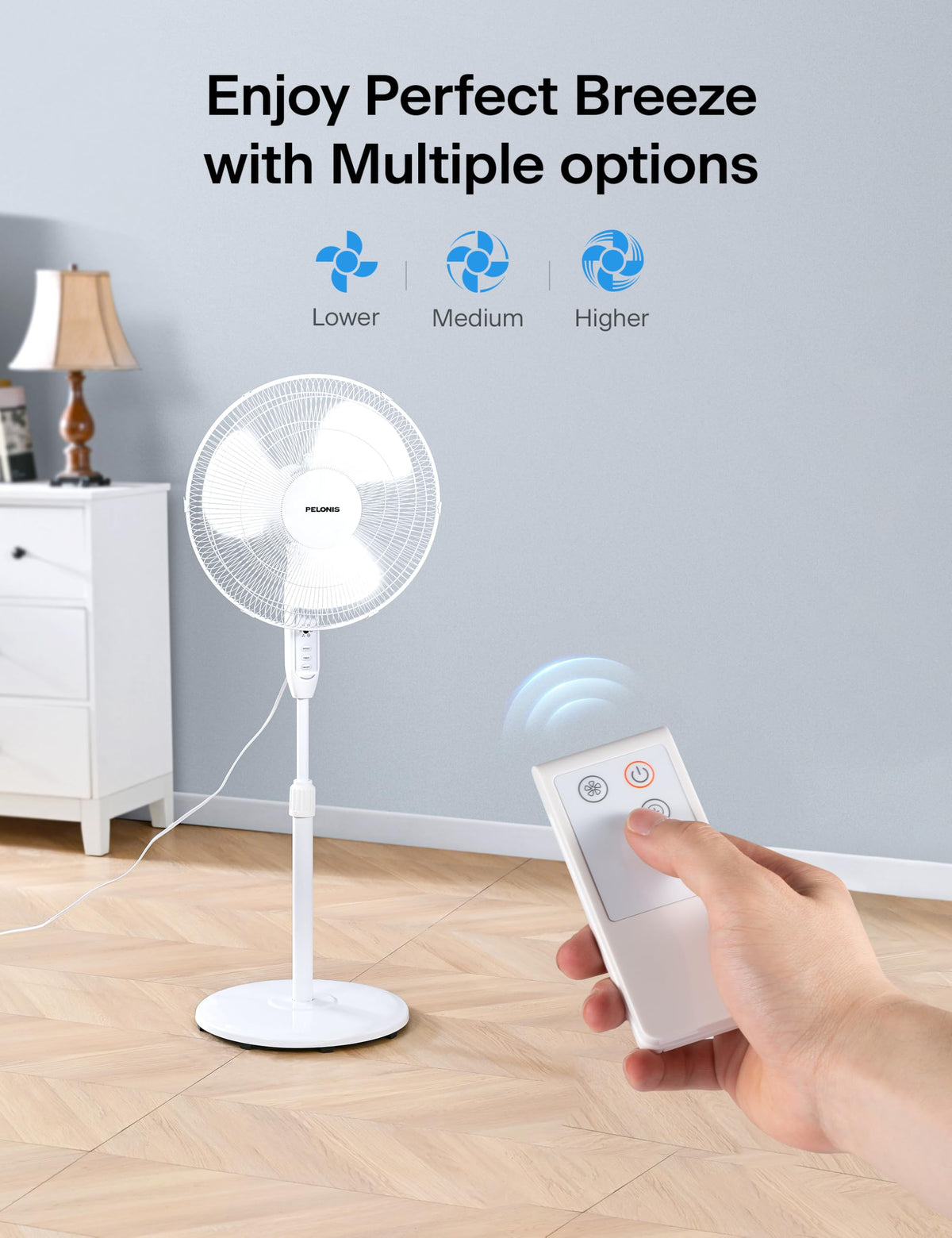 PELONIS 16'' Pedestal Fan for Bedoom with Remote, Upgraded, Standing Fan with 7-Hour Timer, 90° Oscillation, 3-Speeds, Adjustable Height, Electric Cooling Fans for Living Room and Office