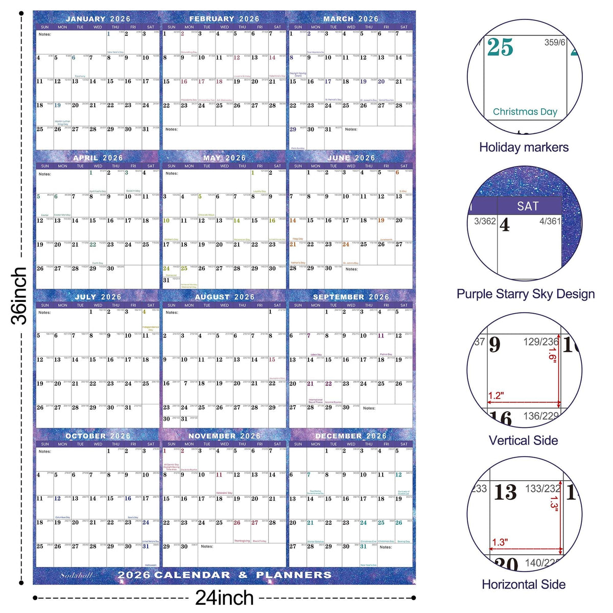 24" x 36" 2026 Wall Calendar Dry Erase - Large Starry Sky Calendar Wet & Dry Erasable Laminated 12 Month Annual Yearly Planner, Reversible, Horizontal/Vertical (2026 Wall Calendar)