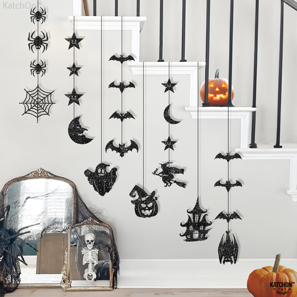 KatchOn, Glitter Black Halloween Garland - Huge, Pack of 10 | Halloween Party Decor Garland with Ghost, Witch, Skull, Raven, Pumpkin & Tree Cutouts | Spooky Party Hanging Decoration