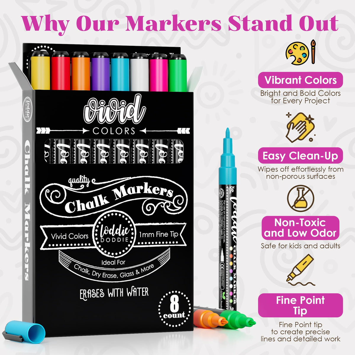 Loddie Doddie Fine Tip Liquid Chalk Markers - Pack of 8, 1mm Tip - Precision Chalk Pens for Chalkboard Calendar - Quick-Wipe Washable Glass Dry Erase Pens - Vibrant Neon Car Window Markers