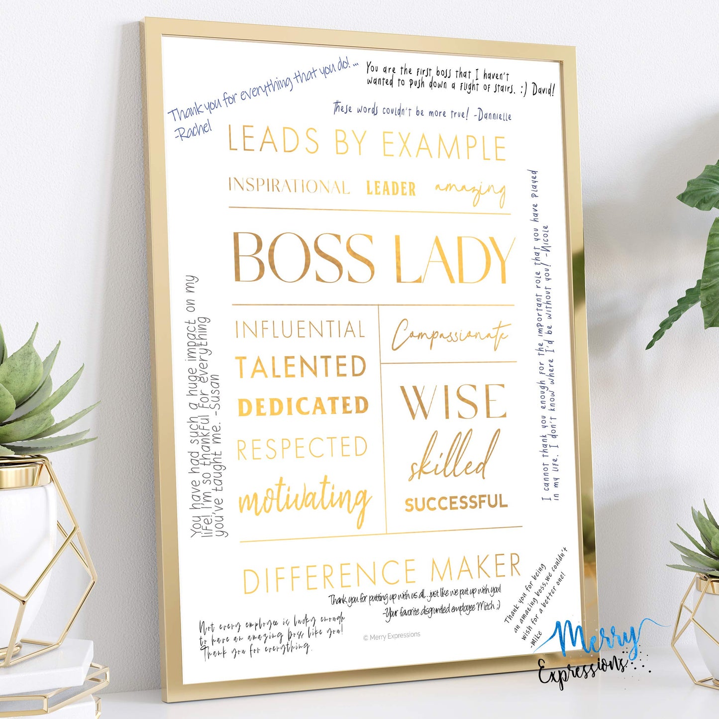 Merry Expressions Boss Lady Desk and Wall Art with Metal Frame - Office Décor, Boss Lady Gift with Quote - Gold 12" x 9"