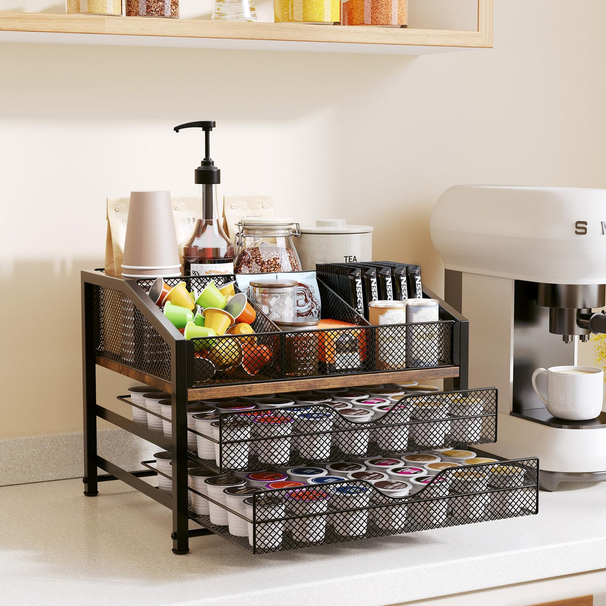 Homsorout Coffee Bar Organizer - Coffee Station for Countertop, Metal and Wood K Cup holder Storage Basket for Coffee Pods, Syrup, Cups, Stirrer, Coffee Condiment, Tea Organizer, Black and Brown