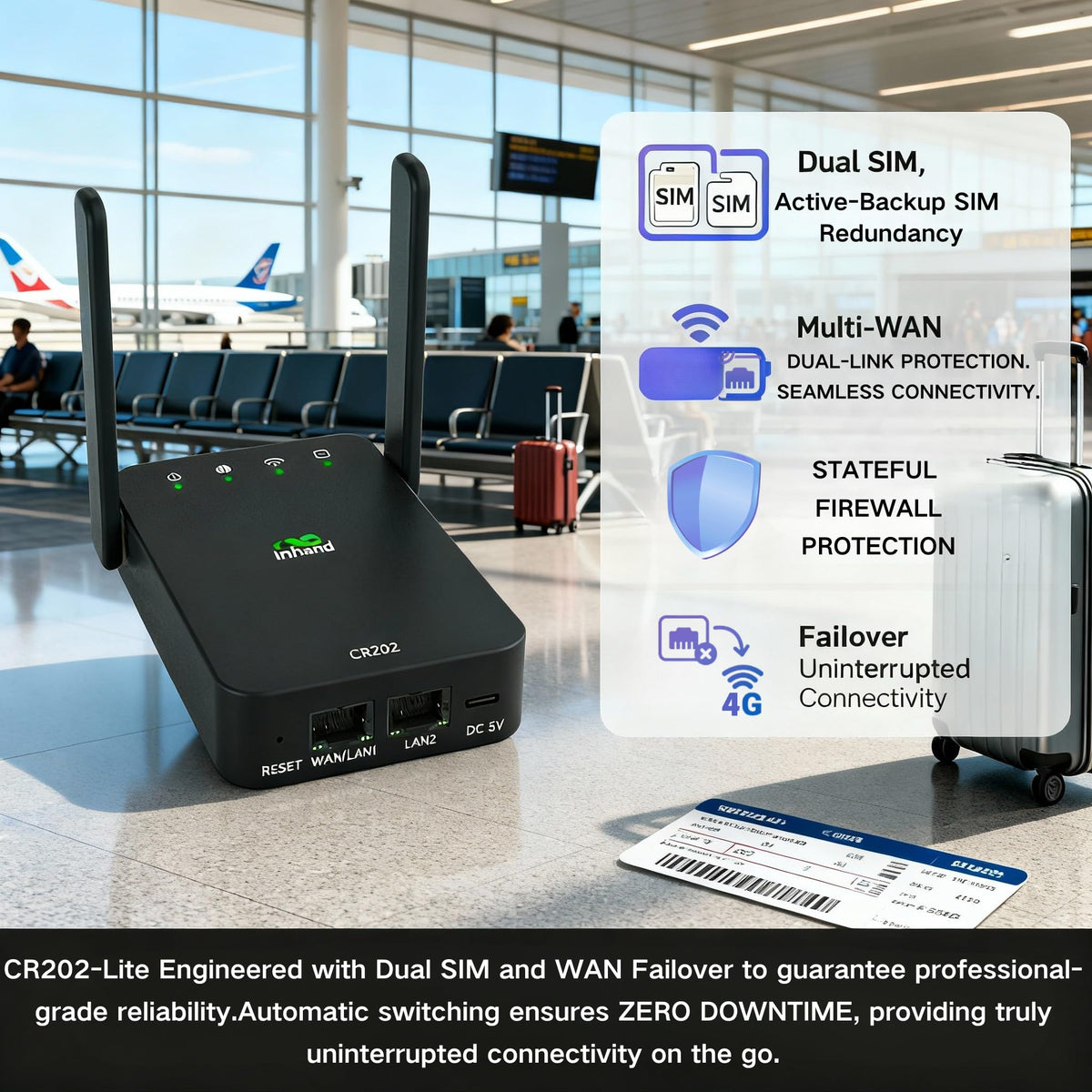InHand Networks CR202-Lite 4G LTE Router with Battery (3000mAh), Dual Ethernet Ports, for POS & Business,Certified by AT&T/T-Mobile/Verizon, 4G CAT6 Cellular Modem for RV Travel & Camping & Business