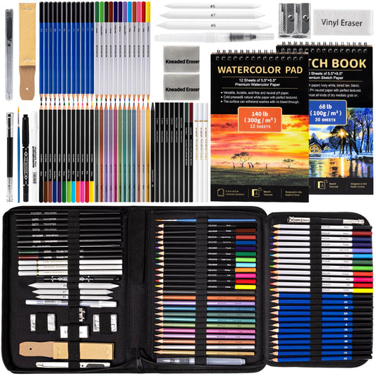 Drawdart Art Supplies Drawing Pencils Set - 76 Pack Pro Sketching Kit with Sketchbook & Watercolor Pad, Includes Graphite, Charcoal, Watercolor & Metallic Pencils for Kids, Teens, Adults