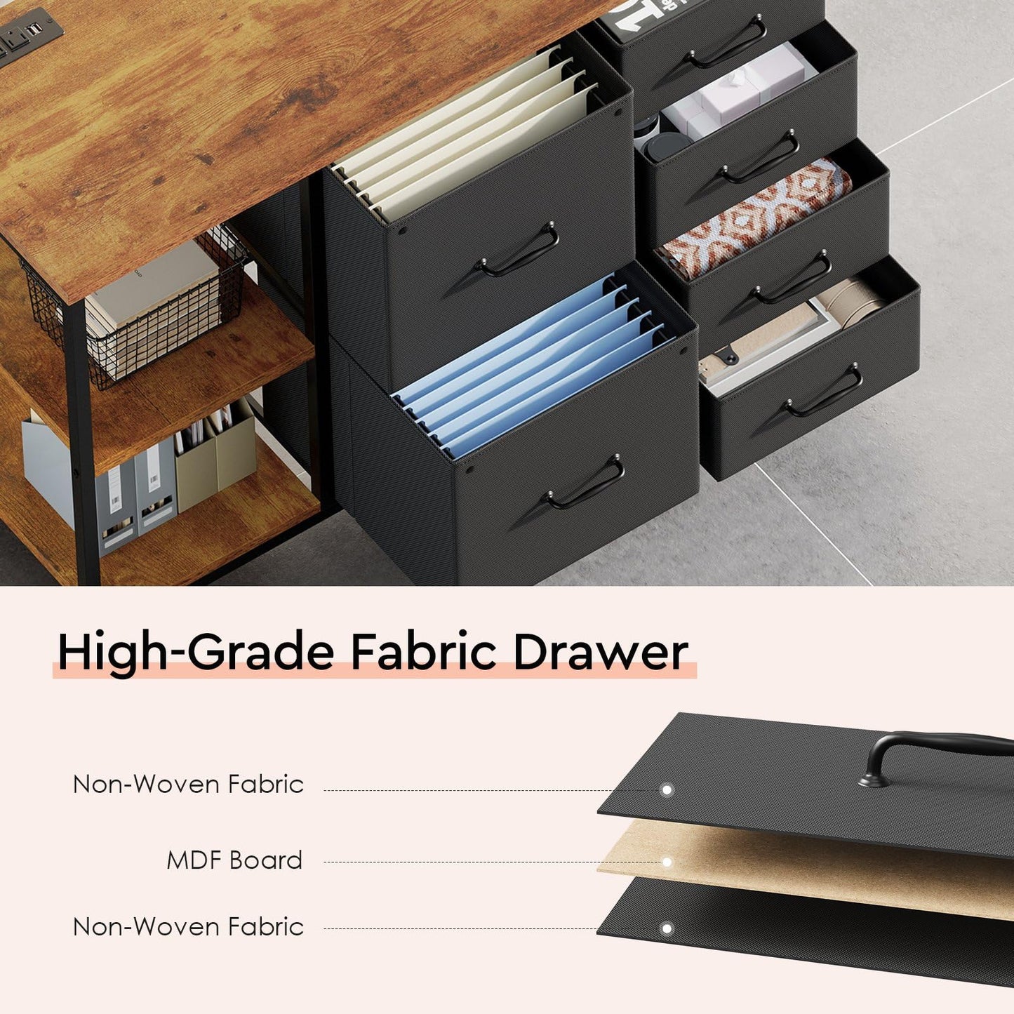 Maihail 6 Drawer File Cabinet with Charging Station Rolling Printer Stand with Open Storage Shelf Fabric Lateral Filing Cabinet for Home Office,Rustic Brown