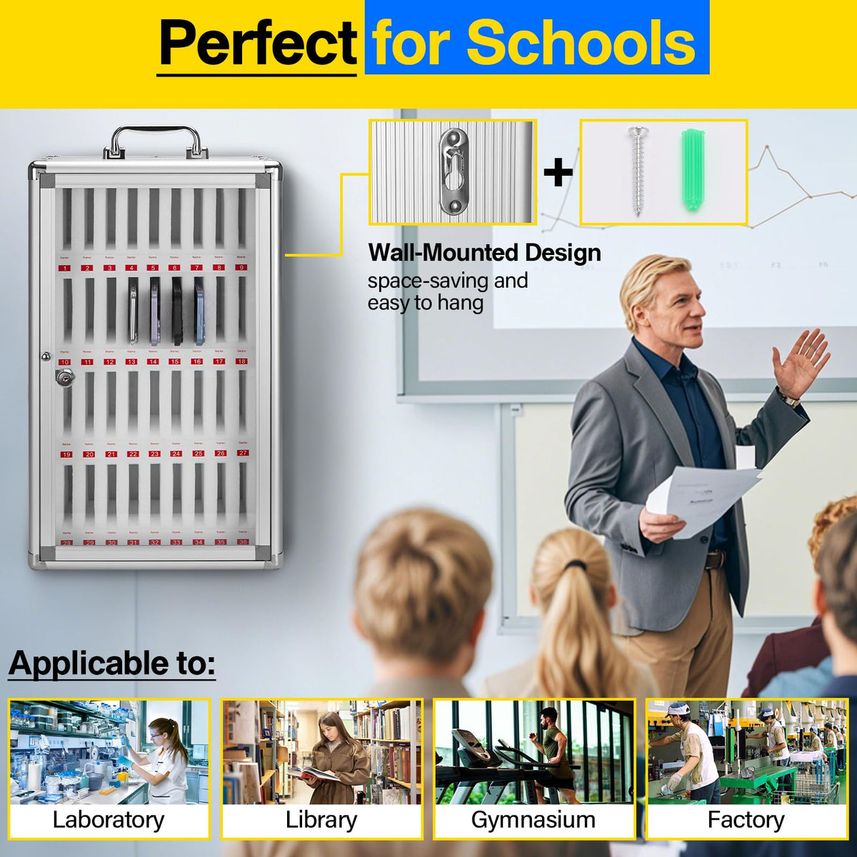 LOCKCURX 36-Slot Cell Phone Locker with Lock & Key, Heavy Duty Aluminum Acrylic Cell Phone Lock Box, Wall Mount Phone Locker Secure, Phone Jail for Classroom Office Retail, Silver