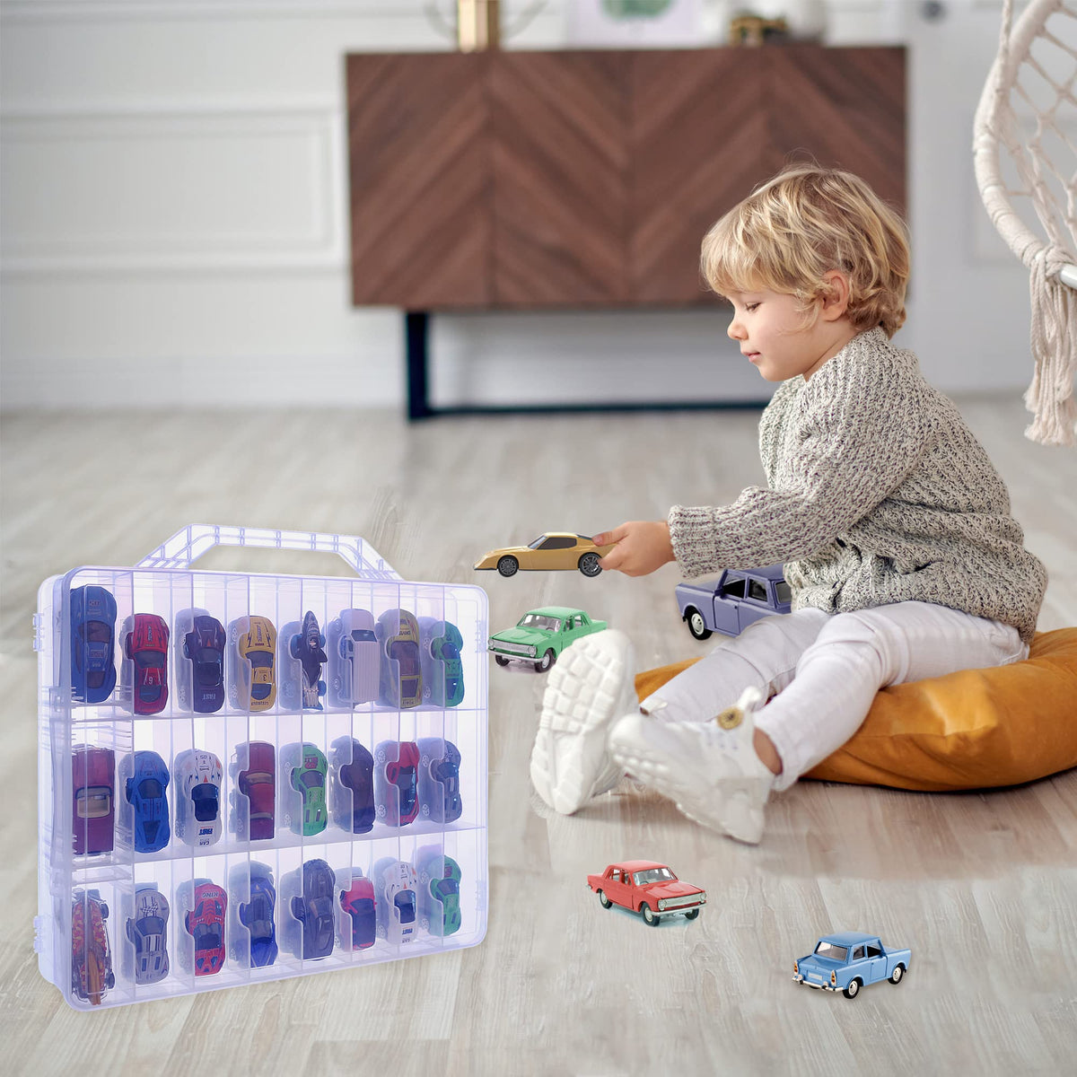 KISLANE Double Sided Toy Car & Doll Storage Case - 48 Compartments, Portable Transparent Case