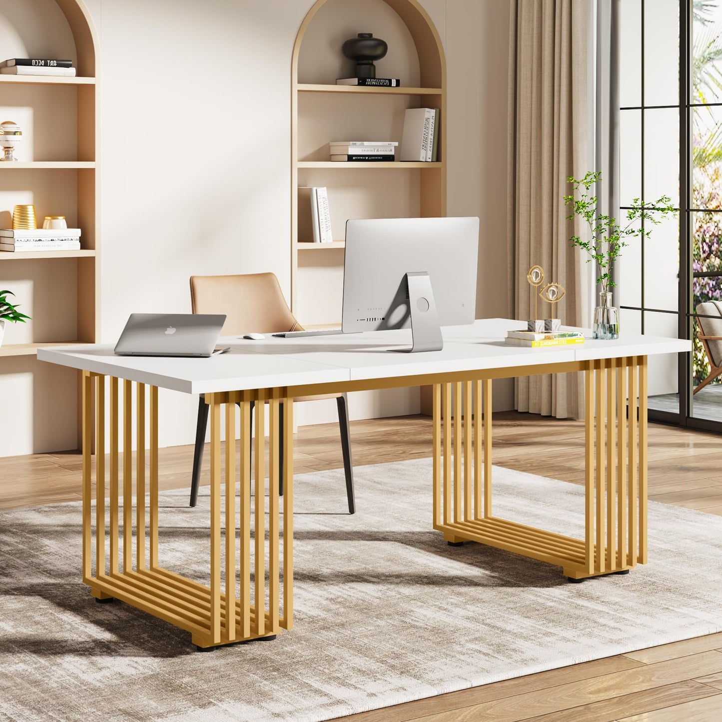 Tribesigns 70.9" Modern Office Desk, Wooden Computer Desk, White Executive Desk with Gold Metal Legs, Large Workstation for Home Office, Study Writing Desk, Small Conference Table for Meeting Room