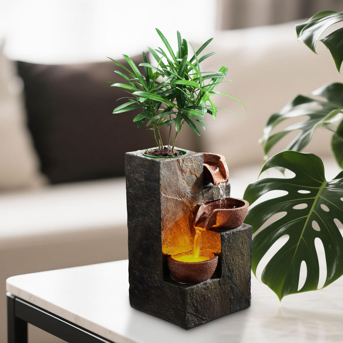 MSEONWXI Tabletop Indoor Water Fountain – 3-Tier Rock Waterfall Fountain with Warm LED Light and DIY Planting Pot – Relaxing Small Water Feature for Desk or Home Decor (23061)