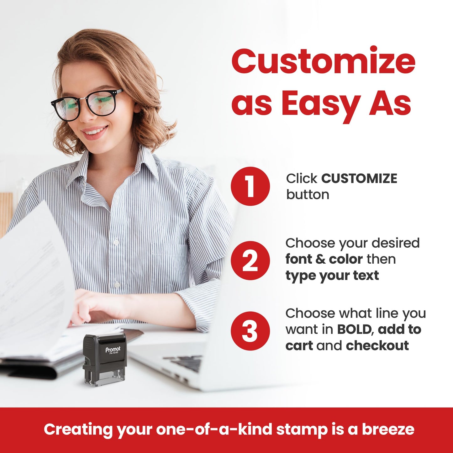 Promot Self Inking 1 Line Custom Stamp - Personalized Name Stamp for Office, Teacher, Address & Business Label Stamp - Choose Font, Ink Color, Pad, for Personal & Professional Use - Small