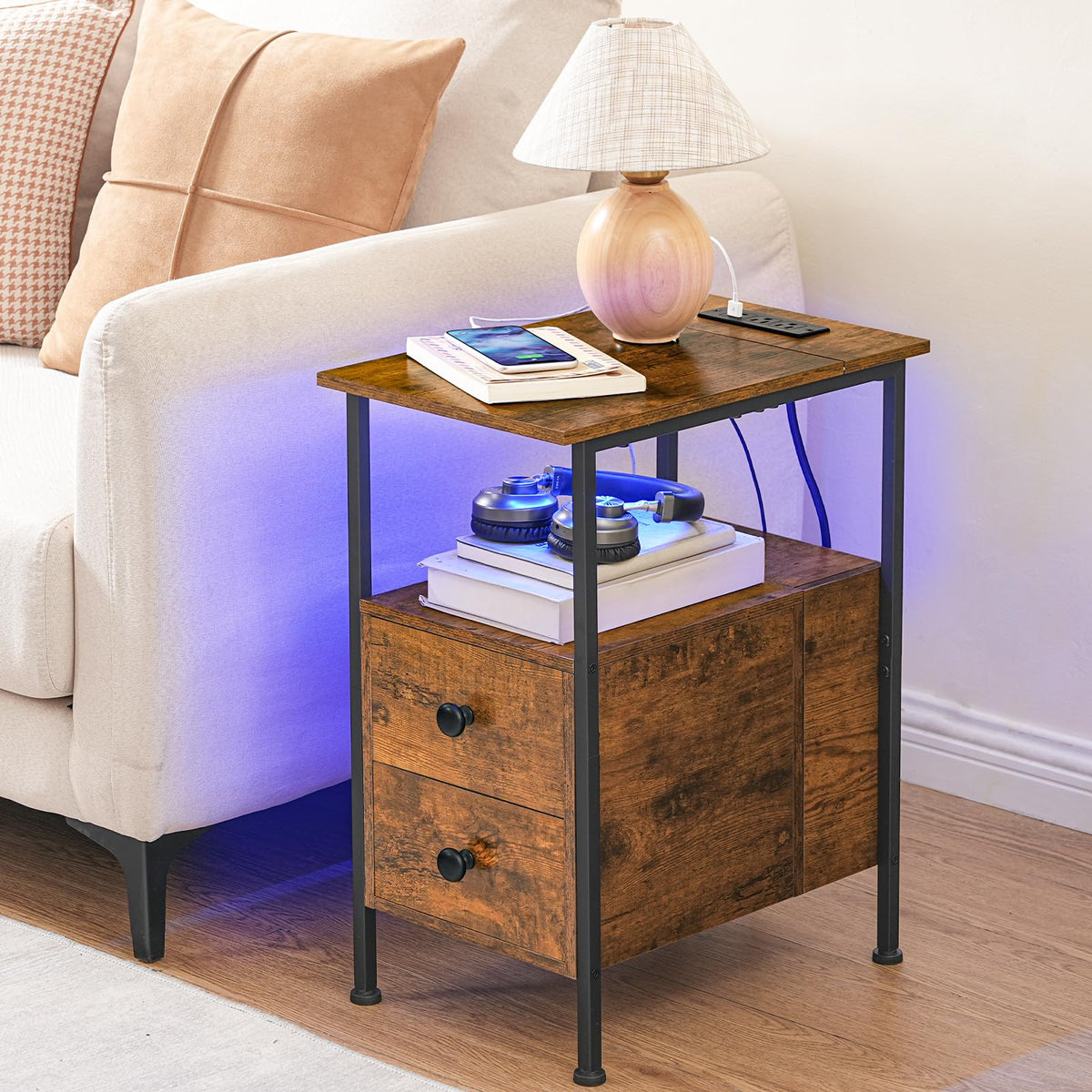 HOOBRO End Table with Charging Station & Led Light, Narrow Side Table with 2 Drawers & USB Ports & Power Outlets, Nightstand for Small Spaces, for Living Room, Bedroom, Rustic Brown Black BF436UDBZ01