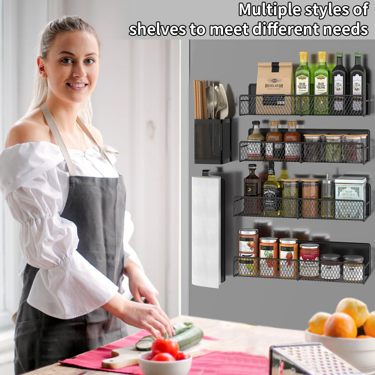 Magnetic Spice Rack for Refrigerator, 6 Pack 100% Metal Strong Magnet Shelf Black, Space Saving Spice Organizer, Home Kitchen Laundry Room Storage Organization W/ Paper Towel Holder, Utensils Racks