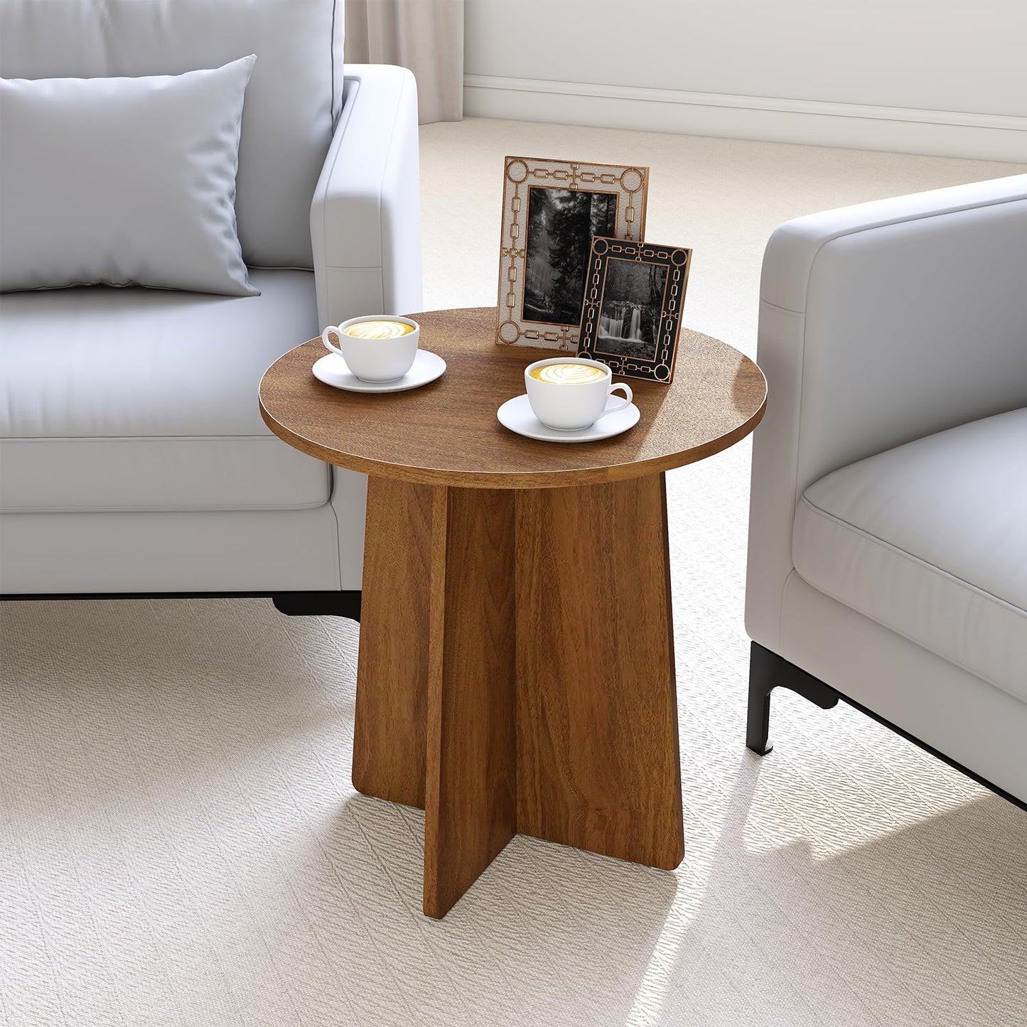 Permory 19.6 Inch Round Side Table, Modern End Table with MDF Wood Tabletop, Small Accent Coffee Table for Living Room, Bedroom, Balcony, Easy Assembly & Sturdy (Rustic Brown)