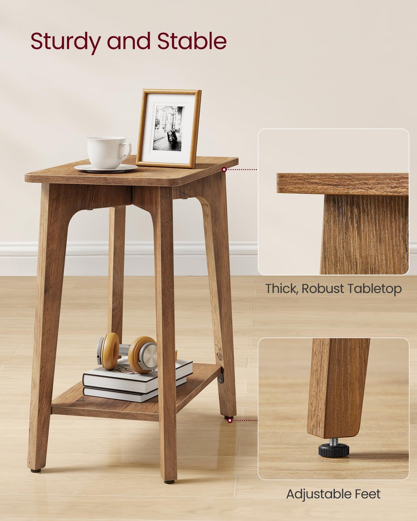 VASAGLE MAEZO Collection - Side Table, 2-Tier Small Rectangular End Table, 11.8 x 18.9 x 21.8 Inches, Nightstand with Tapered Legs, Curved Transitions, for Small Spaces, Honey Brown ULET332K01