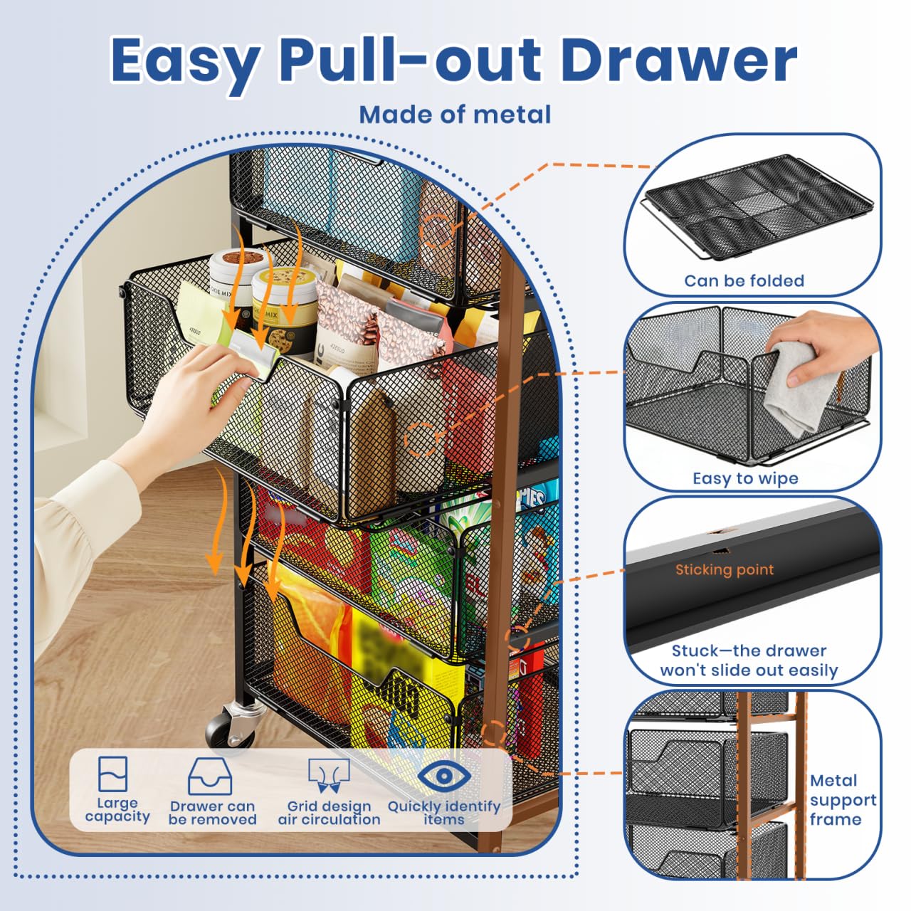 Goovilla Kitchen Cart with Drawers, 4 Tier Metal Rolling Utility Cart Organizer on Lockable Wheels with Wooden Top, Black Fruit Vegetable Storage Rack Also for Cans, Snack, Craft, Art, Office, Beauty
