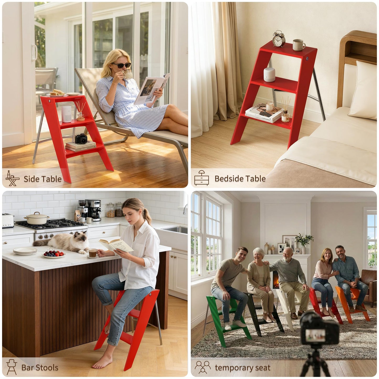 HOTEAGLE Ladder Shelf, Multifunctional 3-Tier Bookshelf, Stylish Bedroom Shelves Double as Bedside Table, Side Table for Home Living Room, Kitchen and Bedroom,Red
