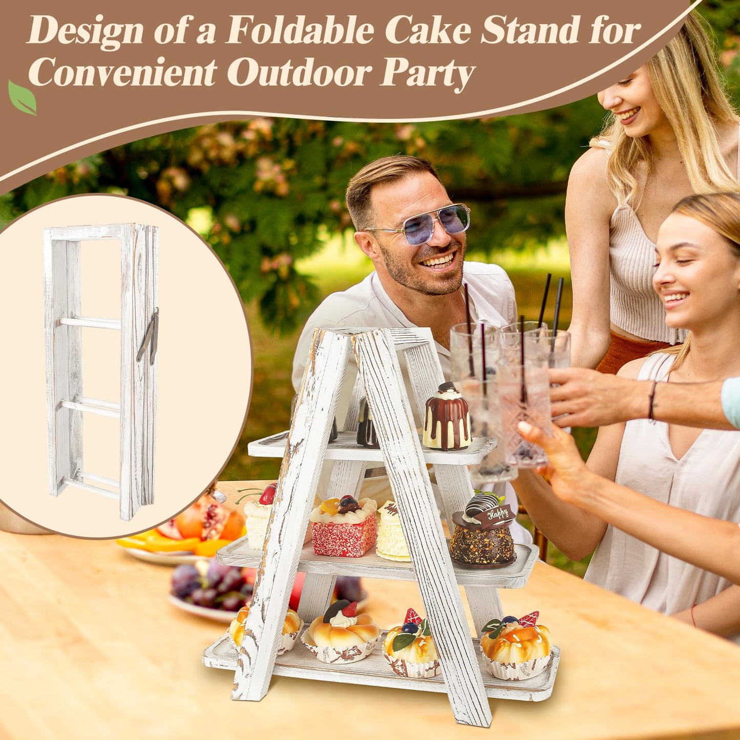 Wisreach Wooden 3 Tier Cupcake Stand with Swing and Flower Decoration Serving Removable Tray Display Serving Ladder Foldable Stand with Serving Platter Tray Party Food Display Set for Cake Snack Fruit Chips Bread Centerpieces Catering