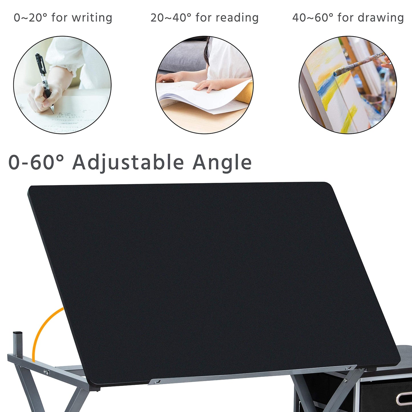 Yaheetech Drafting Desk, Drawing Table for Artists/Adults, Art Desk w/Stool and 3 Slide Drawers, Painting Studio Design Work Station, Adjustable Tabletop, Modern, 50.5 x 24 x 45 inch