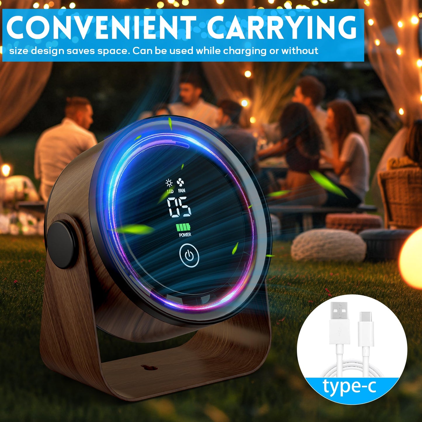 Small Desk Fan 5000mAh Rechargeable Battery Powered -Retro Low Noise Quiet Portable Gentle Blowing with LED Night Light Office Bedroom Table Top Wall Hanging Kitchen Camping Dorm 5-Speed 360° Rotation