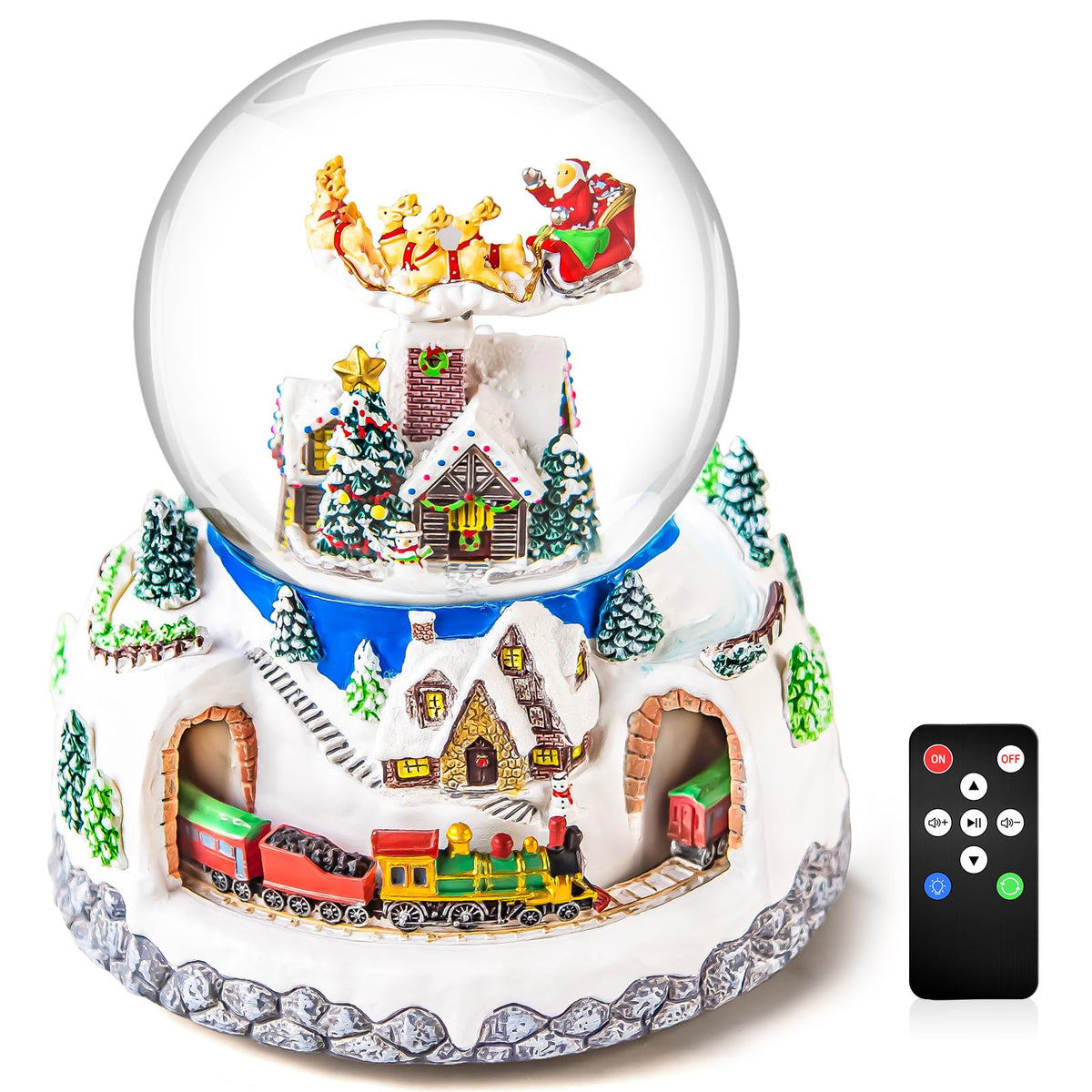 Musical Rotating Santa Claus Flying Over Village,Automatic Snowfall,Train, Christmas Snow Globe Music Box Gifts, for Women Wife Mom Girlfriend Daughter, Xmas Present,Plays 48 Classic Christmas Carols