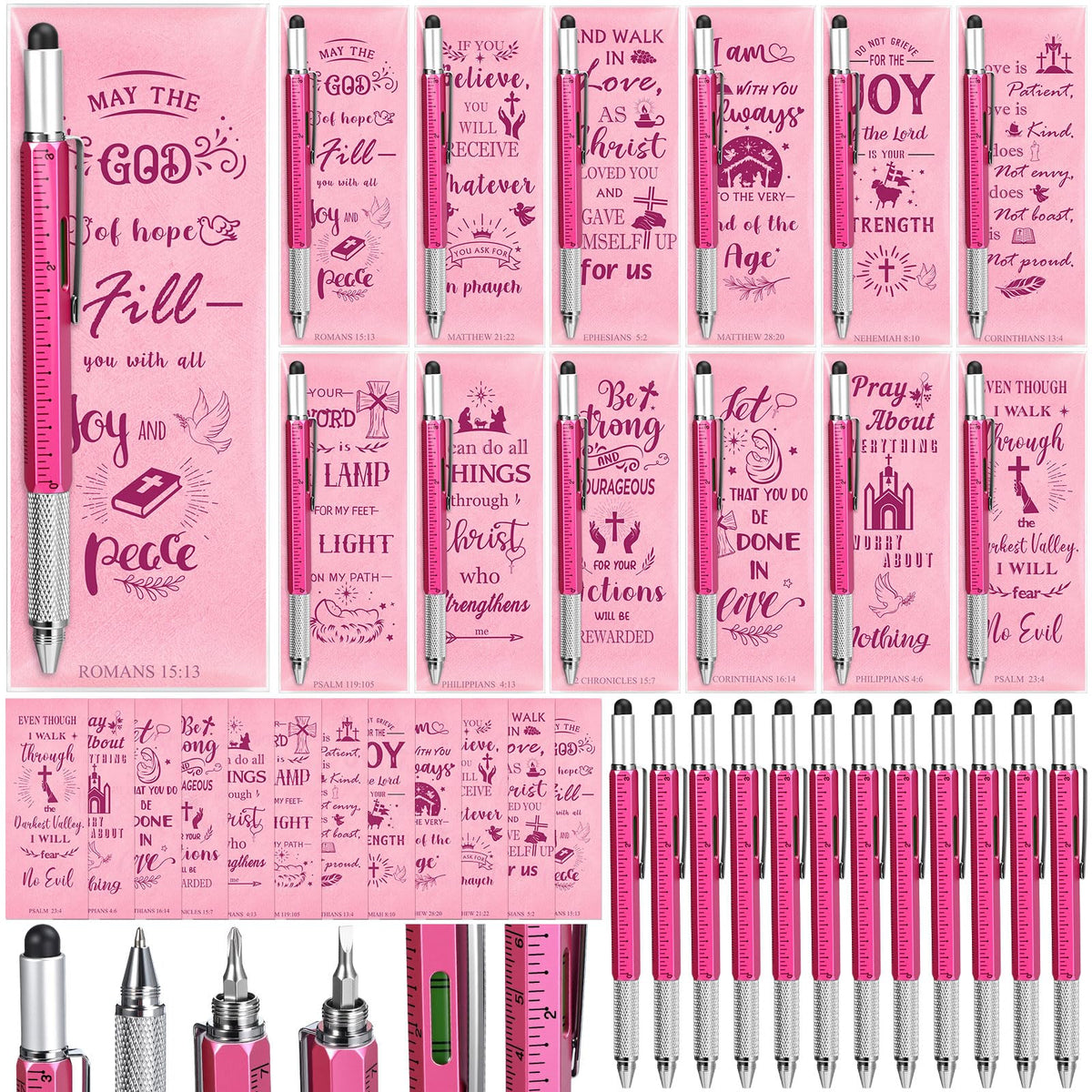 Pajean 24 Sets Christian Gifts for Women Include 6 in 1 Multitool Pens with Religious Bible Verse Scripture Bookmarks for Mother Day Nurses Teacher Employee Church Sunday School Office Favors Supplies
