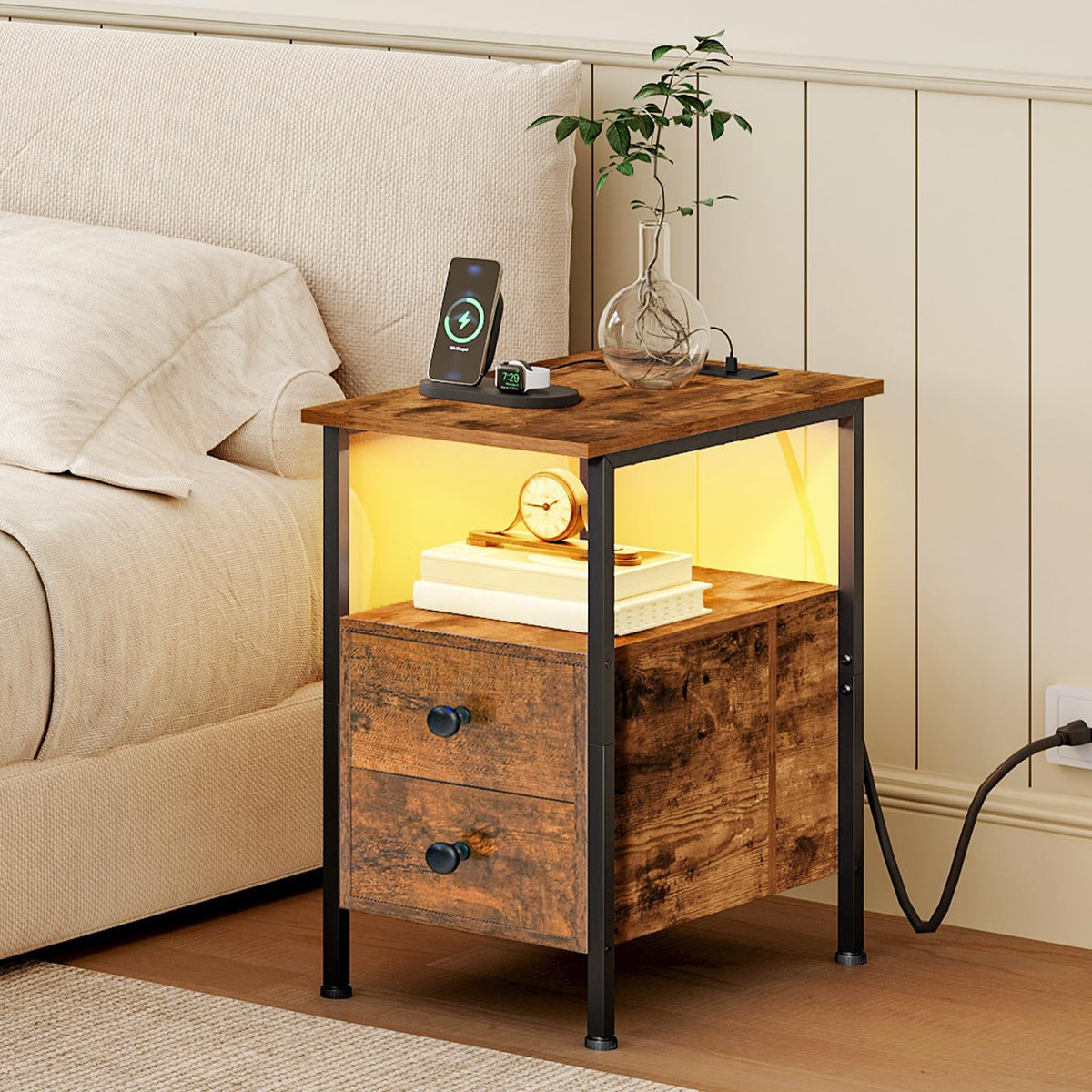 HOOBRO End Table with Charging Station & Led Light, Narrow Side Table with 2 Drawers & USB Ports & Power Outlets, Nightstand for Small Spaces, for Living Room, Bedroom, Rustic Brown Black BF436UDBZ01