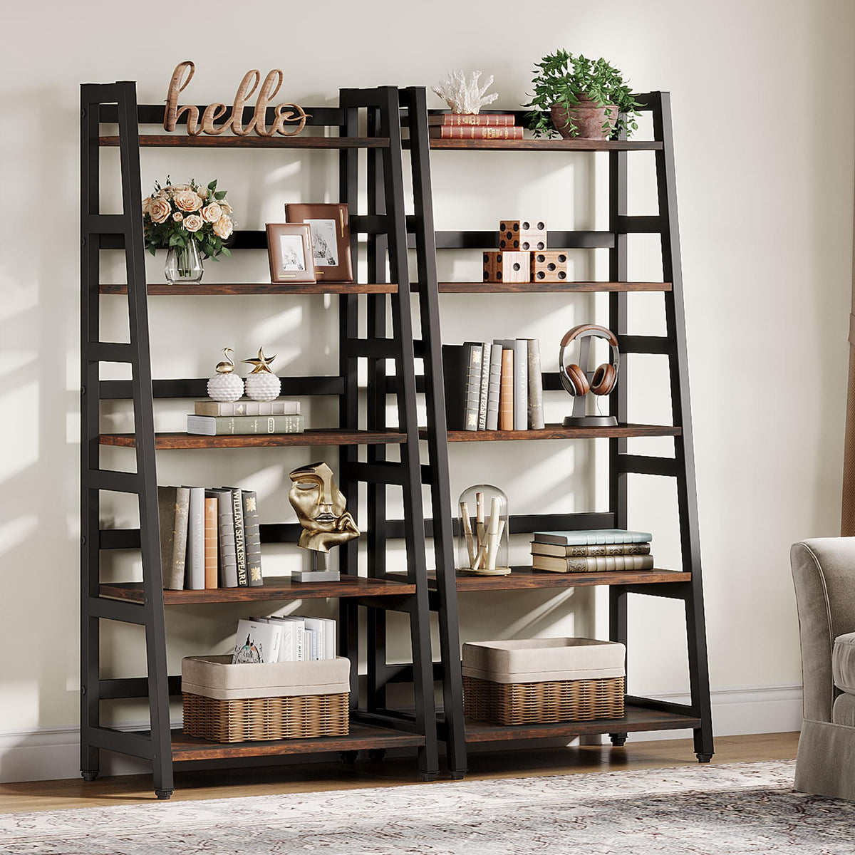 Tribesigns 5-Tier Bookshelf Industrial Bookcase, 5 Shelf Ladder Shelf Book Storage Shelf Organizer for Living Room, Home Office
