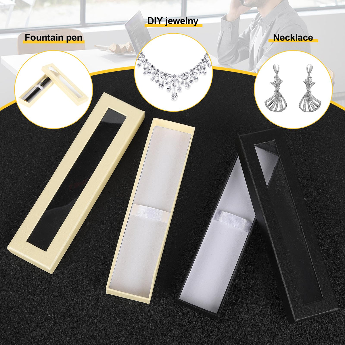 BUWUSMU 42 Pcs Empty Pen Gift Box, Pen Case with Cushion, Clear Lid Cardboard Box, Display Case for Gift, Office Supplies, Birthday Souvenir, Presentation, Jewelry, Christmas (Black, White)