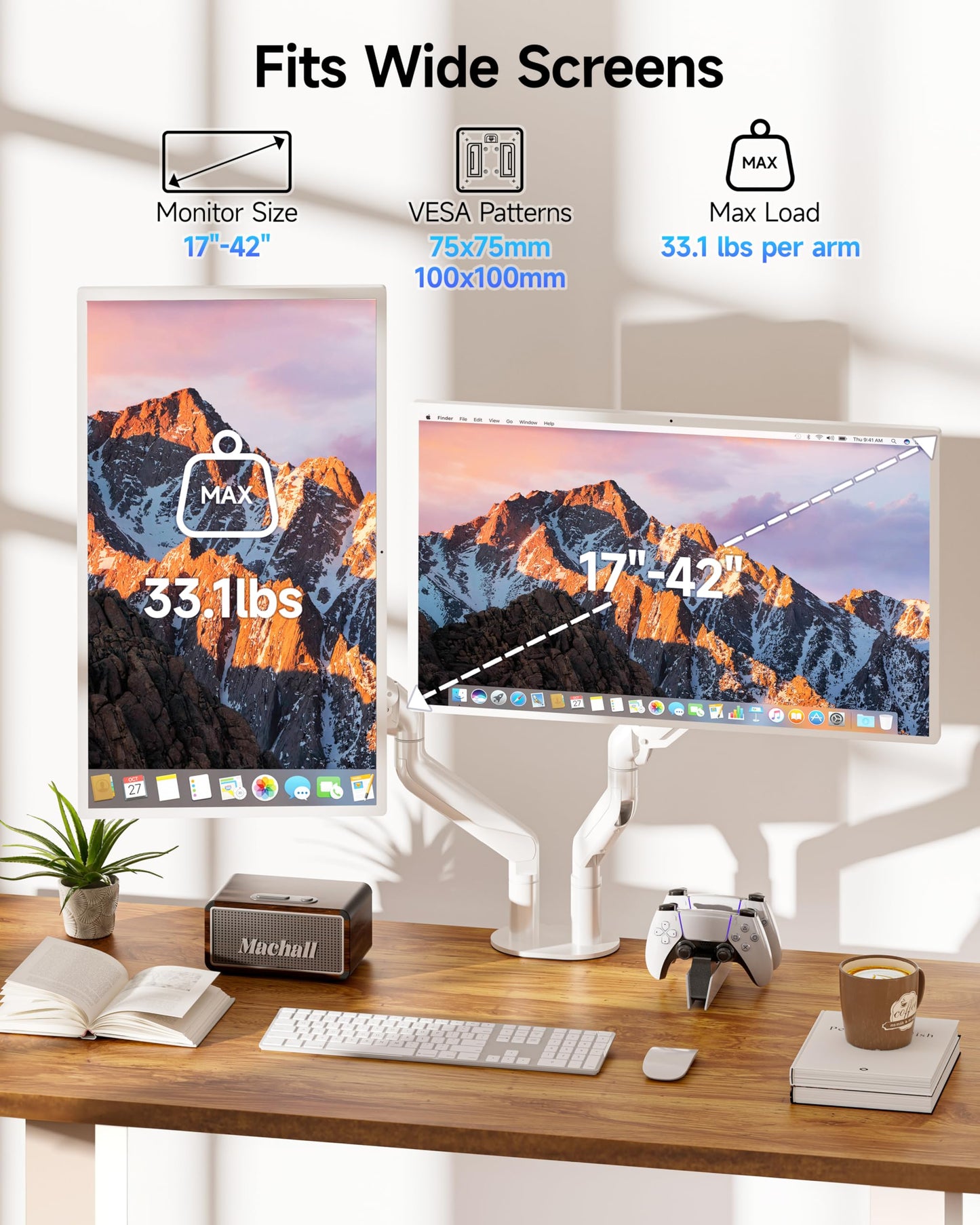 BIZUM Dual Monitor Stand for 17″-42", Heavy Duty Ultrawide Monitor Arm Dual-Monitor Mount VESA Mount with Clamp/Grommet Base, Holds 33.1lbs per Arm, White