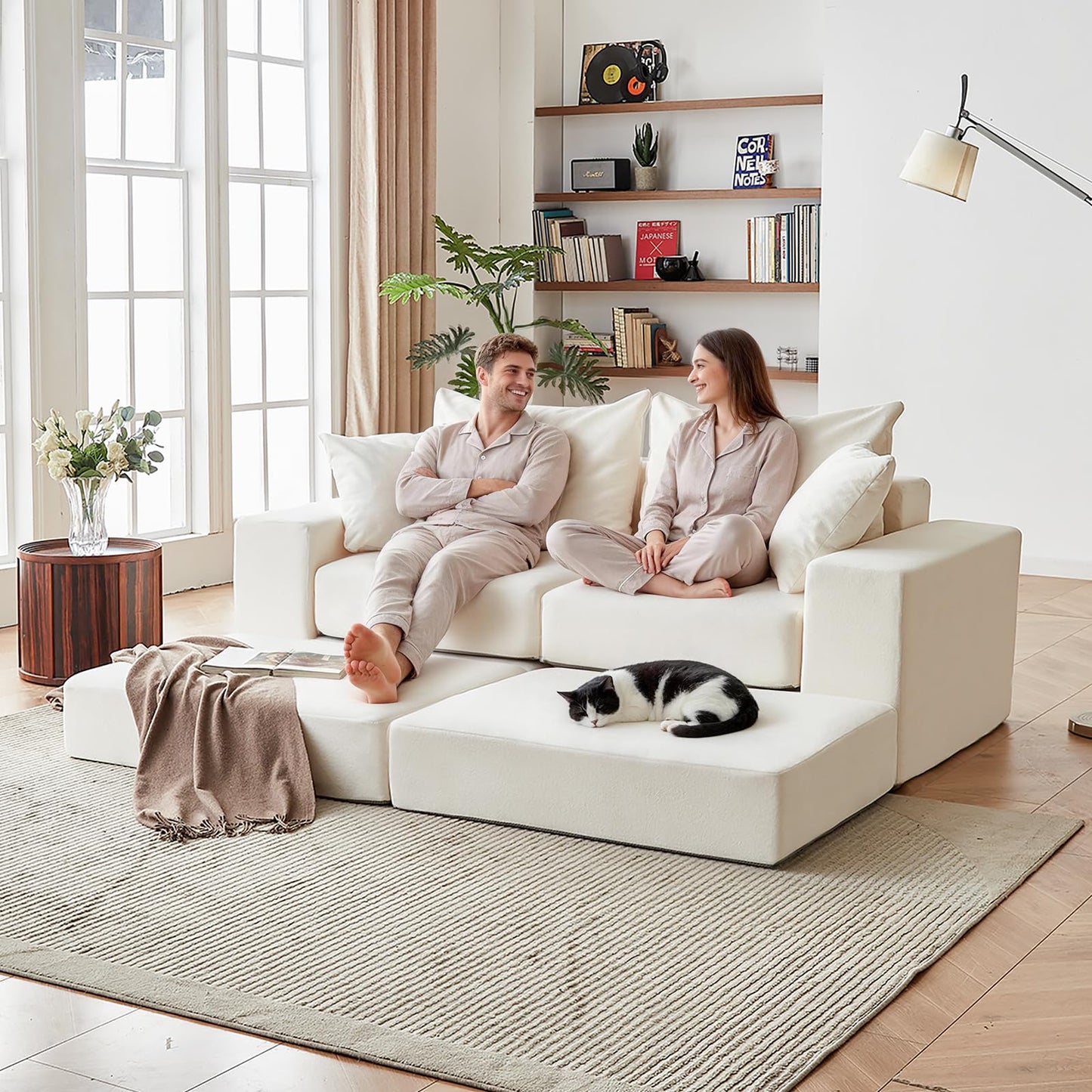 Modular Sectional Loveaeat Cloud Sofa, Boneless Couch with Non Slip Base, Modern Sleeper Sofa for Customizable Living Spaces, Cozy Modular Couch with L-Shape Chaise, Deep Seat & No Assembly, Beige