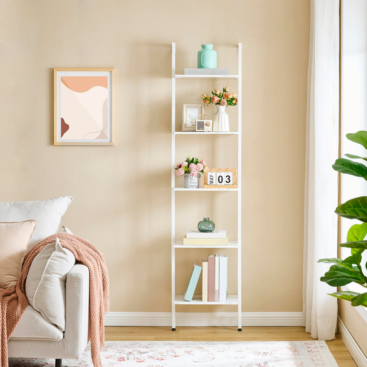 Tajsoon Ladder Shelf, White 5-Tier Wood Wall Mounted Bookcase with Metal Frame, Modern Open Display Rack, Storage Shelves for Bedroom, Home Office, Living Room