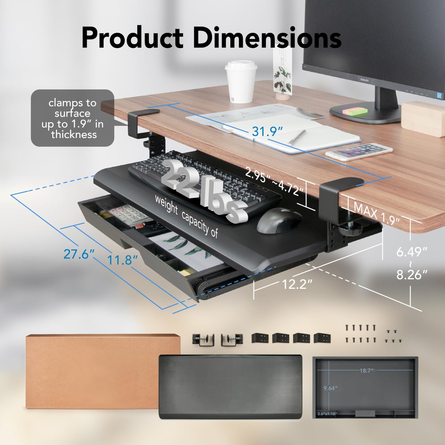 EHO Keyboard Tray with Drawer - Clamp On Under Desk Pull Out Extender Table Attachment Platform with Storage Organizer, Large 27.5" (31.8" Including Clamps) x 12.2", Height Adjustable for Home Office