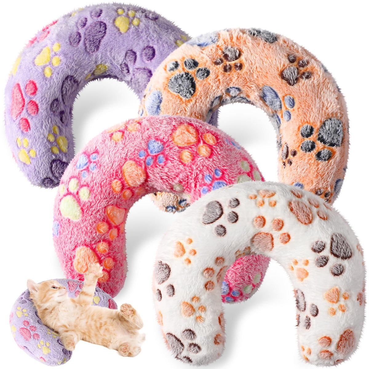 Sweetude 4 Pcs Pillows for Cats Puppy Bed Fluffy Pet Calming Soft Gifts Half Donut U Shaped Pet Neck Pillow Training Joint Relief Cervical Protection(Paw,Medium)