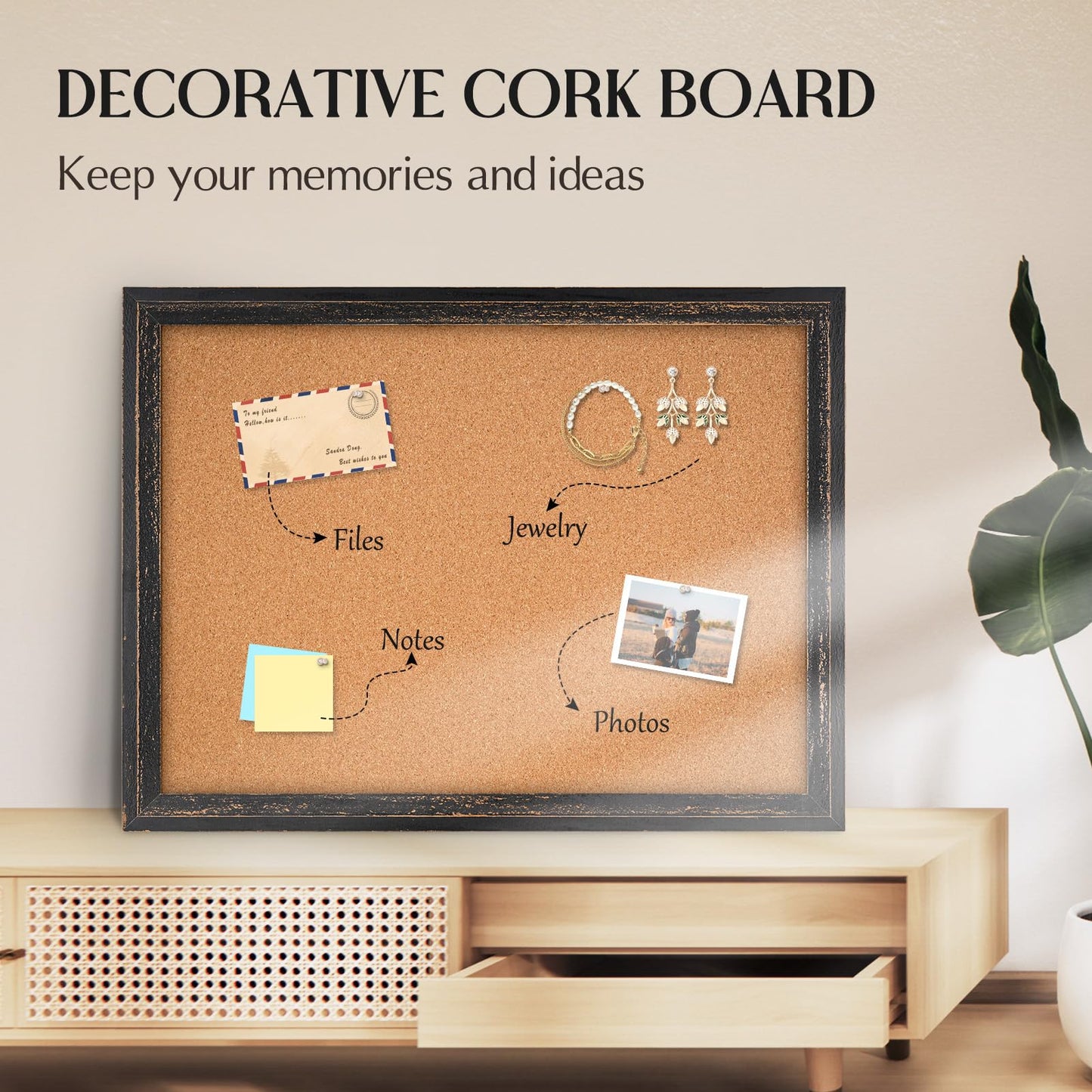 QUEENLINK Cork Board Bulletin Board, 30" x 20" Corkboard for Wall, Rustic Black Wooden Frame, Decorative Hanging Pin Board for Home Office Room Decor, 10 Push Pins
