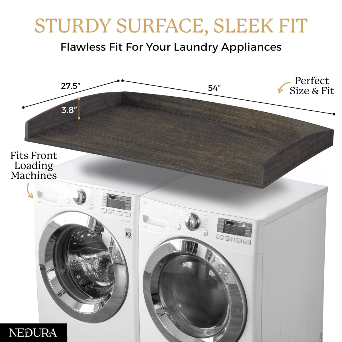Nedura Washer Dryer Countertop w/Anti-Vibration Pads & Curved Edge Rails, Premium Bamboo Laundry Countertop, Washer Dryer Topper, Laundry Room Organization, Laundry Room Accessory - Espresso
