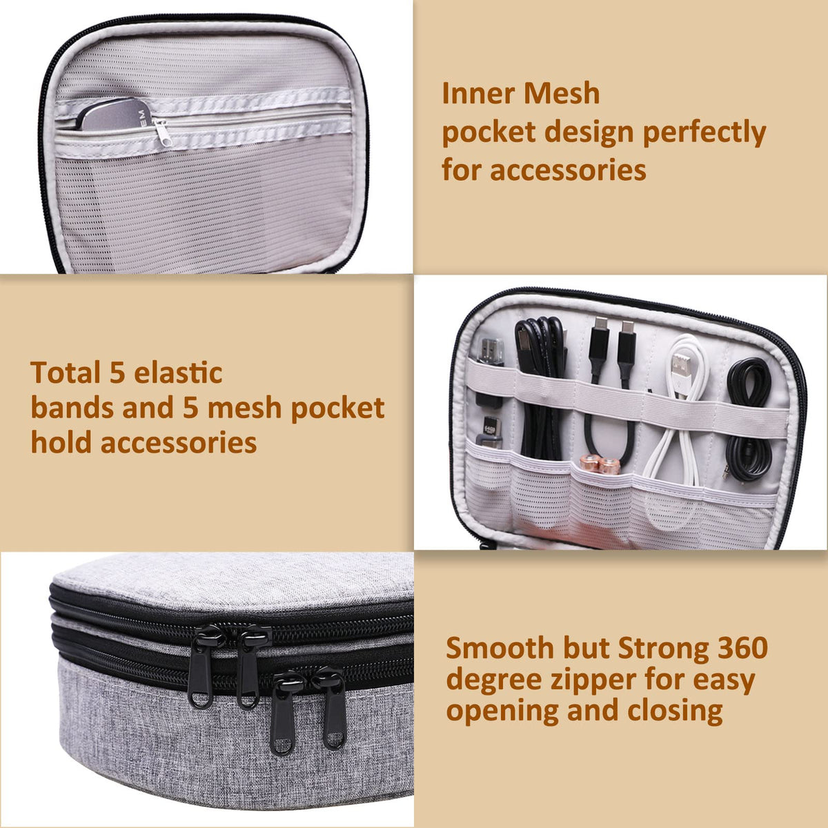 LTGEM Electronics Organizer Travel Case,Travel Cable Organizer Bag for Cords,Phone,Power Bank,SD Card,Cables,Chargers,Earphone(Grey Case Only)