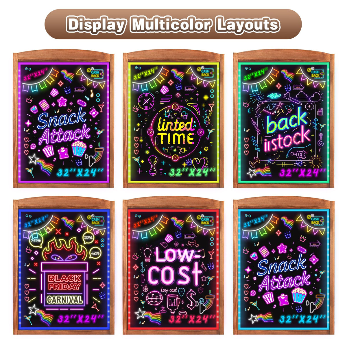 Hosim LED Message Writing Board 24"x16", Standing A-Frame Wooden LED Message Board Illuminated Erasable Neon Menu Sign, 8 Colors Markers & 16 Lighting Colors Flashing DIY Chalkboard Drawing Board