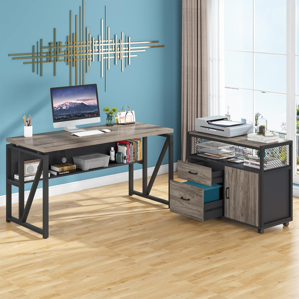 Tribesigns Grey Executive Desk with Cabinet, 55" L Shaped Computer Desk and lateral File Cabinet with Locks, 2 Piece Home Office Furniture Set for Hanging