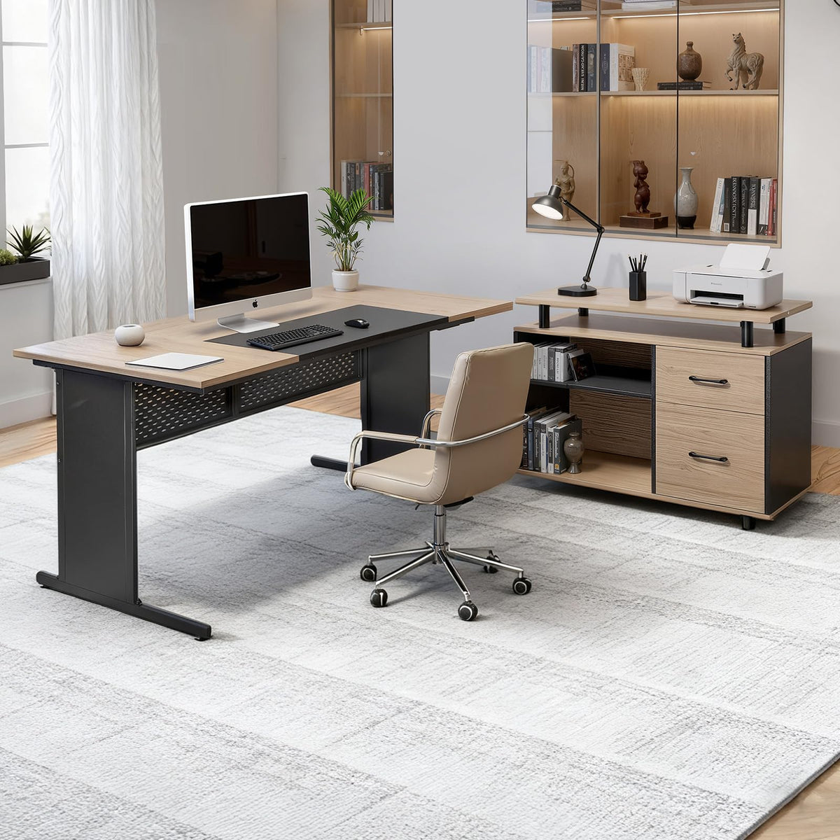 VEVOR 63" L-Shaped Executive Desk, Large Office Desk with Drawers, File Storage Cabinet, Detachable 350 LBS Load Capacity Corner Table, Easy Assembly, Business Furniture Workstation for Home Office
