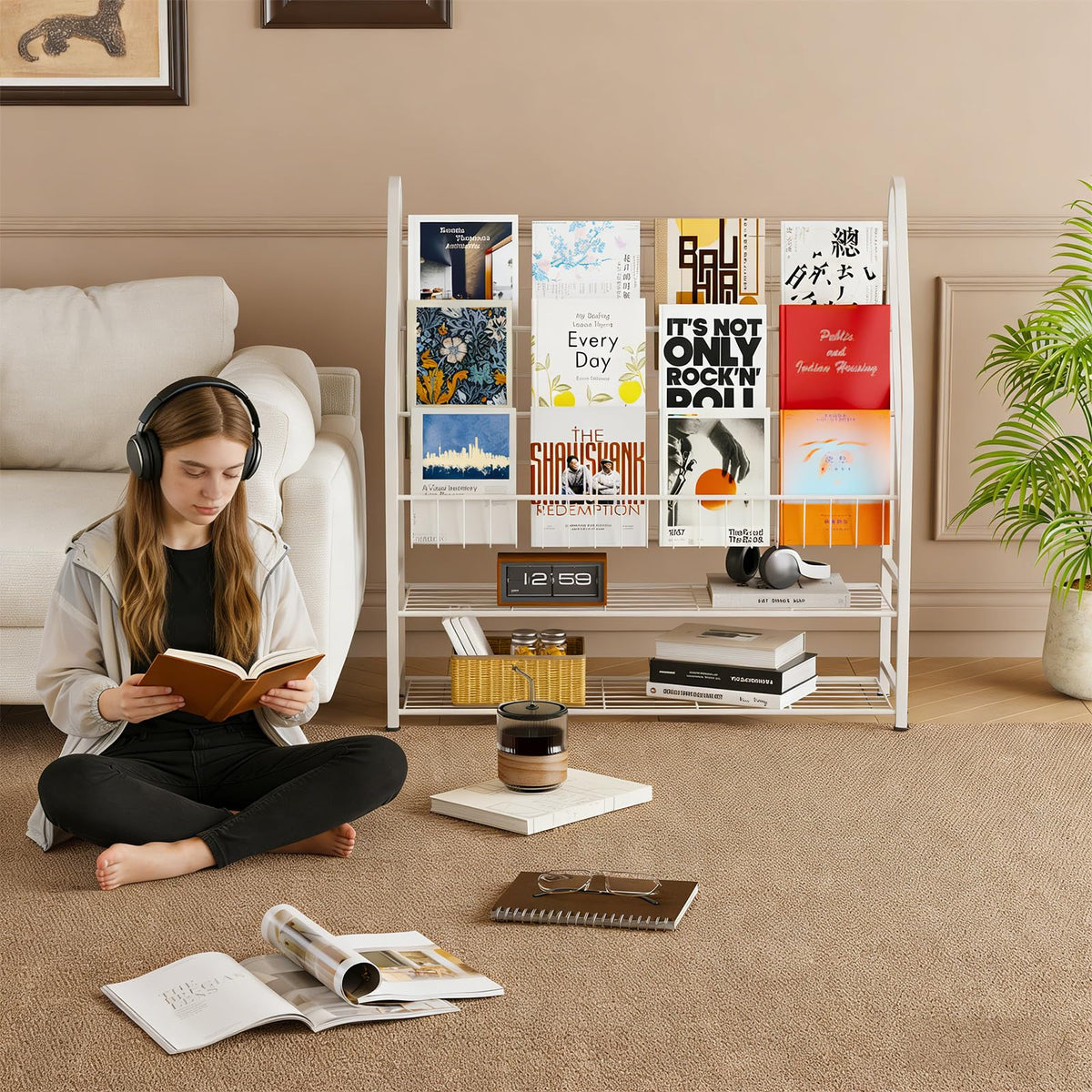Arbuxzuy Magazine Rack Small Metal for Storage Freestanding 11.8" D x 32.3" W x 38.2" H, Sofa Height Short Book Shelf for Display and Storage, Ladder Bookcase for Home Office, White