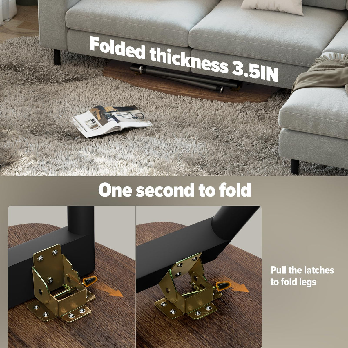 WOHOMO Folding Coffee Table for Small Spaces, No Assembly Farmhouse Portable Living Room Table, Walnut 39.3x19.6x17.7 Inch