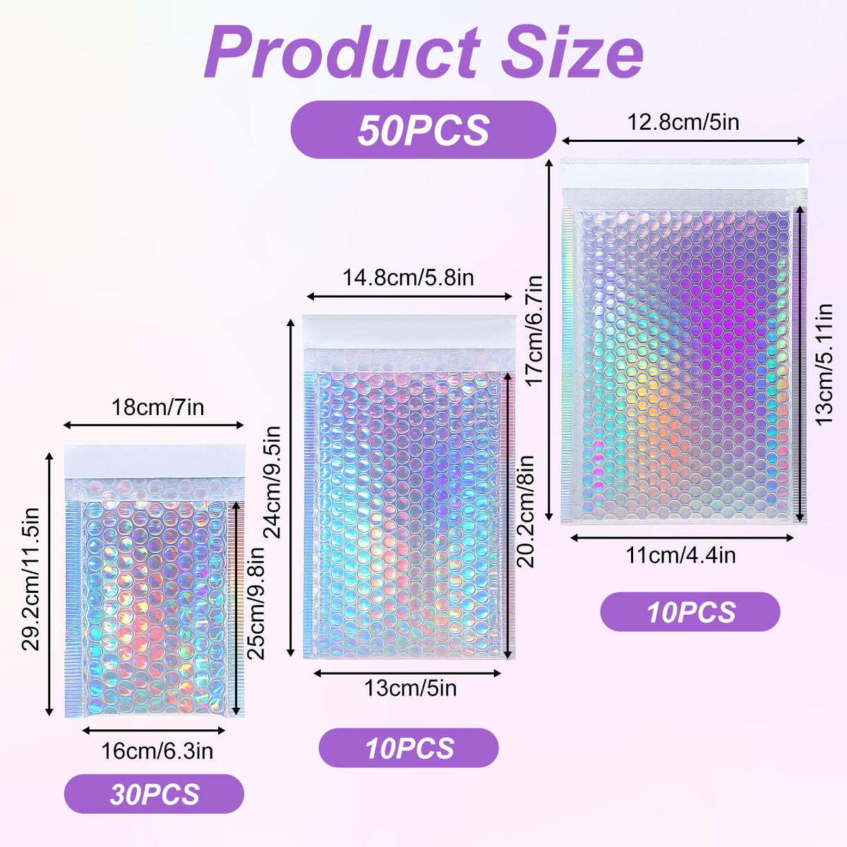 50 Pack Bubble Mailers, Holographic Bubble Mailers with 3 Sizes, Waterproof Self Seal Adhesive Foil Glitter Glamour Shipping Bags for Mailing, Packing, Small Business, Jewelry Makeup Supplies