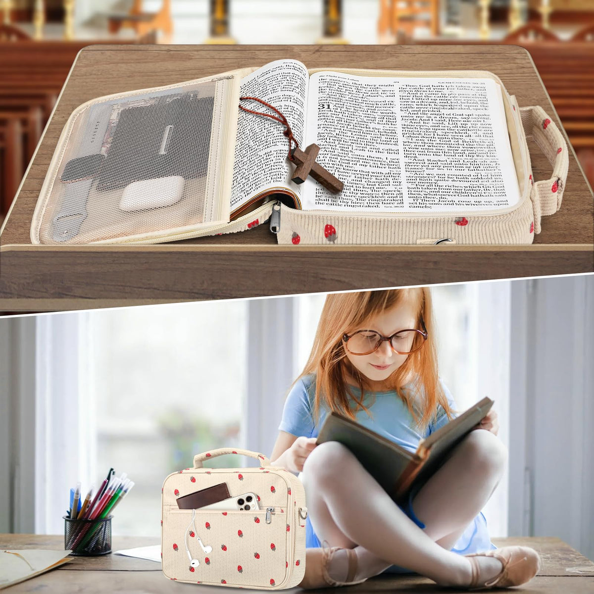 FINPAC Large Bible Cover w/Shoulder Strap, Carrying Book Case Church Bag Bible Protective w/Pen Slots and Zippered Pocket, Gift for Women Lady, Corduroy Strawberry