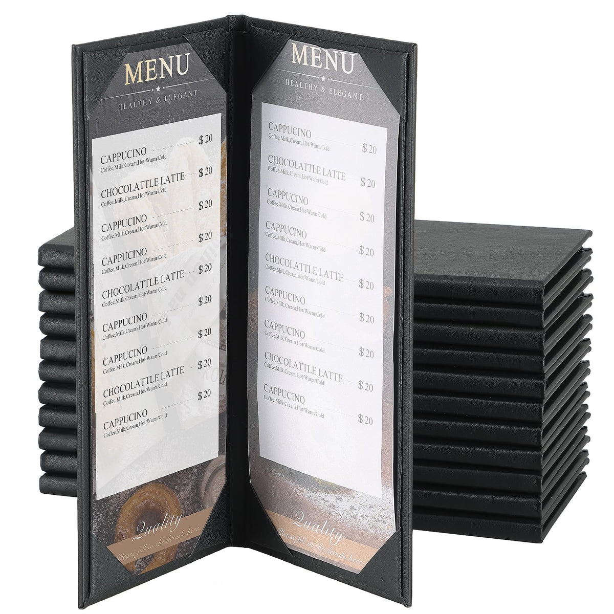 AMGSH 12 Pack 2 View Menu Holder Menu Covers 4.25" x 11" | Black Leather Menu Sleeves Book Style for Restaurant Coffee Bars Wine List
