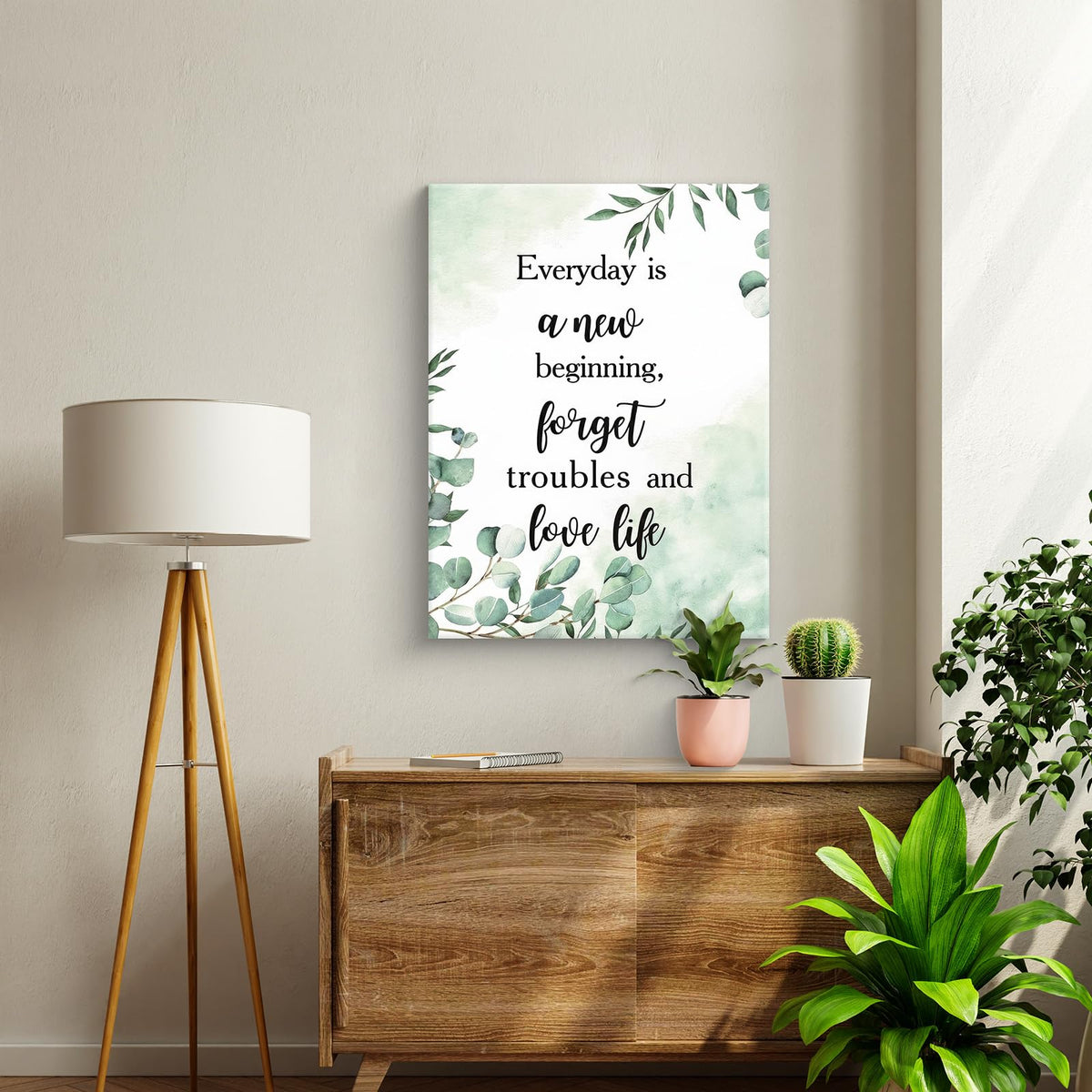Framed Inspirational Wall Art –Botanical Canvas Print posters, Green Leaf Painting pictures for Bedroom, Living Room, Bathroom, Office, Motivational Quote Picture, Ready to Hang 12x16Inch