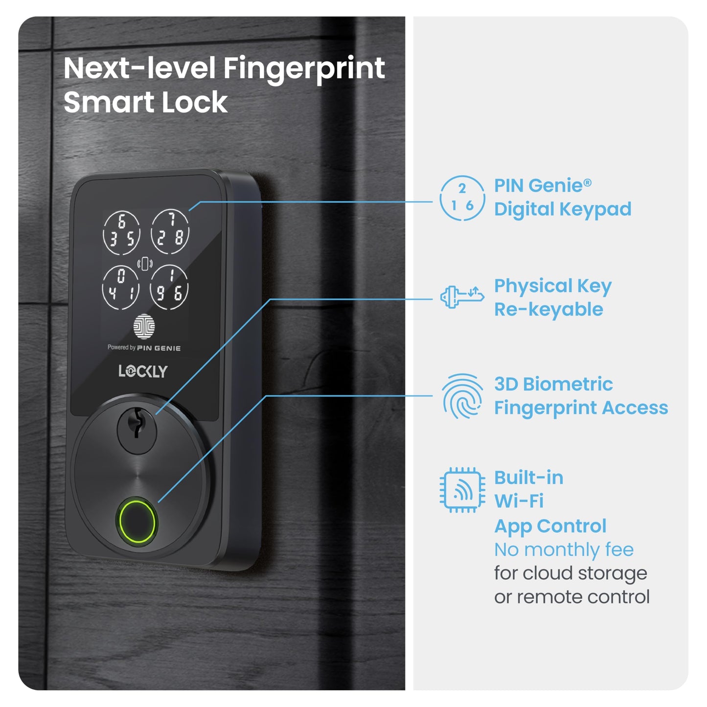 Lockly Secure Pro Zeno Series Smart Door Lock,Fingerprint Keyless Entry Door Lock for Front Door with Apple Home Key,Built-in Wi-Fi,Auto Lock, App Remote Control,IP65 Waterproof,Easy Installation