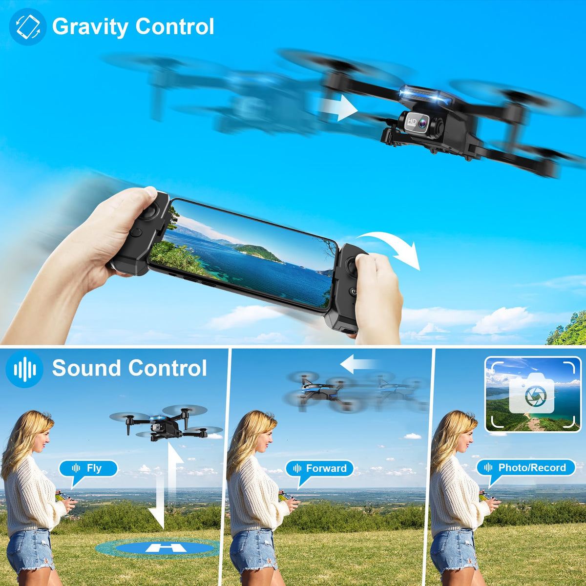 Drone with 1080P Camera - Foldable Remote Control Quadcopter with Voice Gesture Control, 3D Flip, One Key Start, Emergency Stop, 2 Batteries, Easier to use, Toy for Kids Adult Beginners