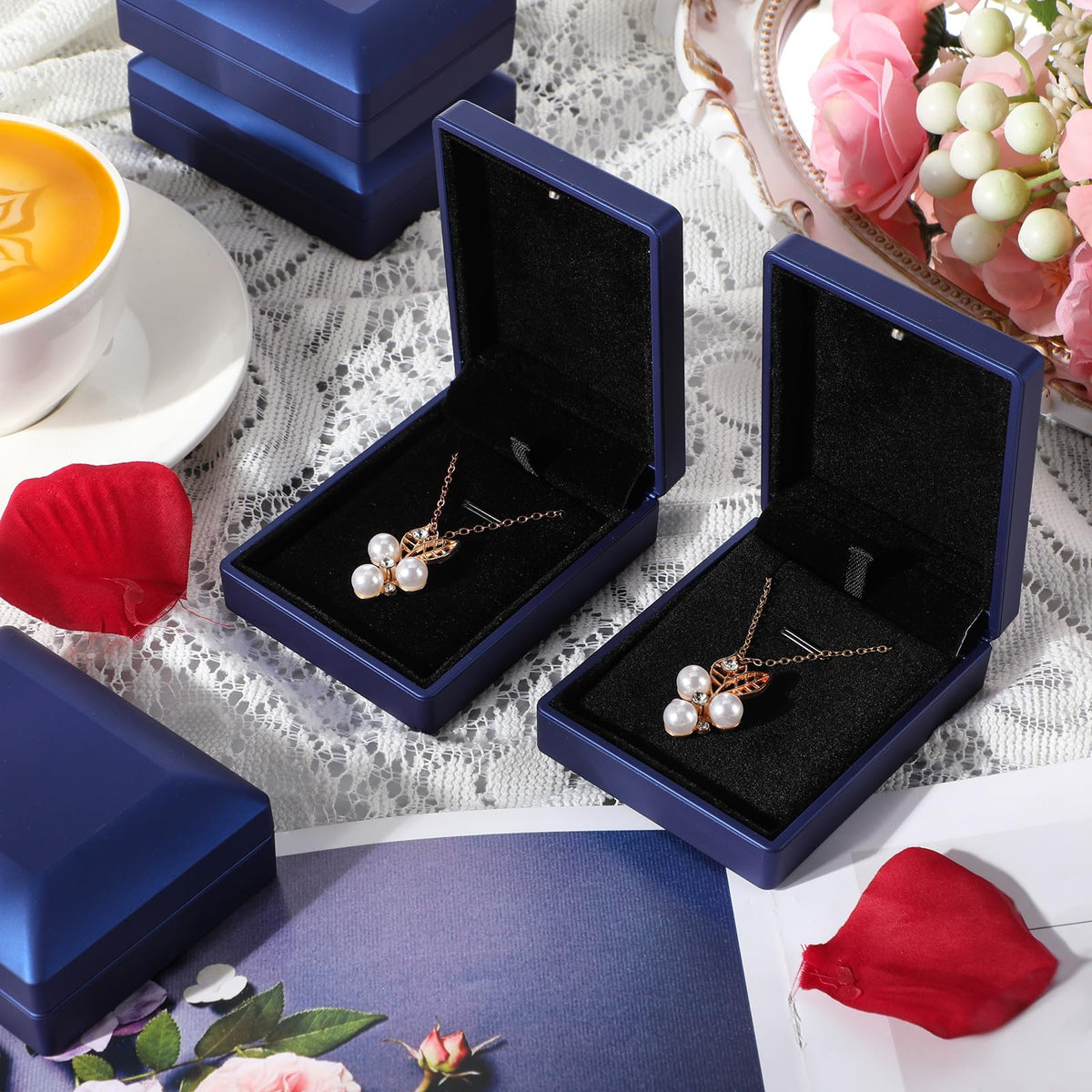Landical 10 Pcs Pendant Necklace Box with LED Light Velvet Necklace Case for Pendant Bracelet Ring Earring, Jewelry Storage(Blue)