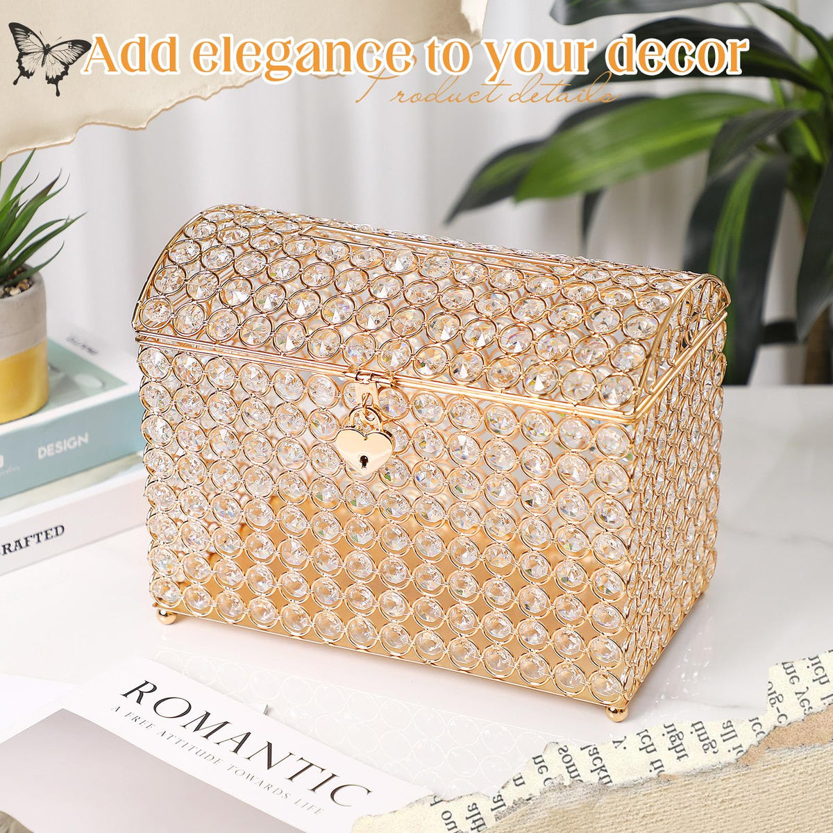 Nitial Crystal Wedding Card Box with Heart Lock 11in Wedding Money Box Treasure Chest Gold Bead Card Receiving Memory Storage for Reception Brithday Graduation Baby Shower Party (Elegant Style)